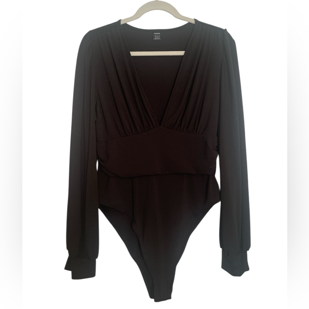 Long-Sleeve Low V-Neck Draped Bodysuit